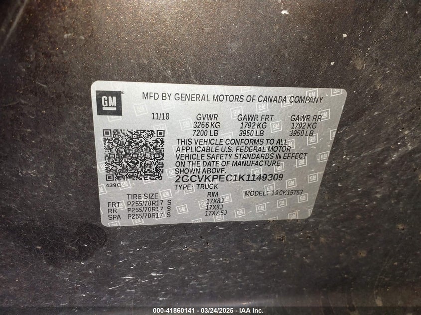 2019 CHEVROLET SILVERADO 1500 LD VIN: 2GCVKPEC1K1149309