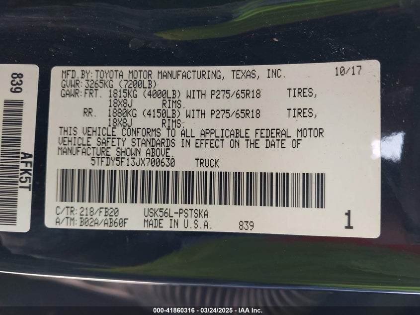 2018 TOYOTA TUNDRA VIN: 5TFDY5F13JX700630
