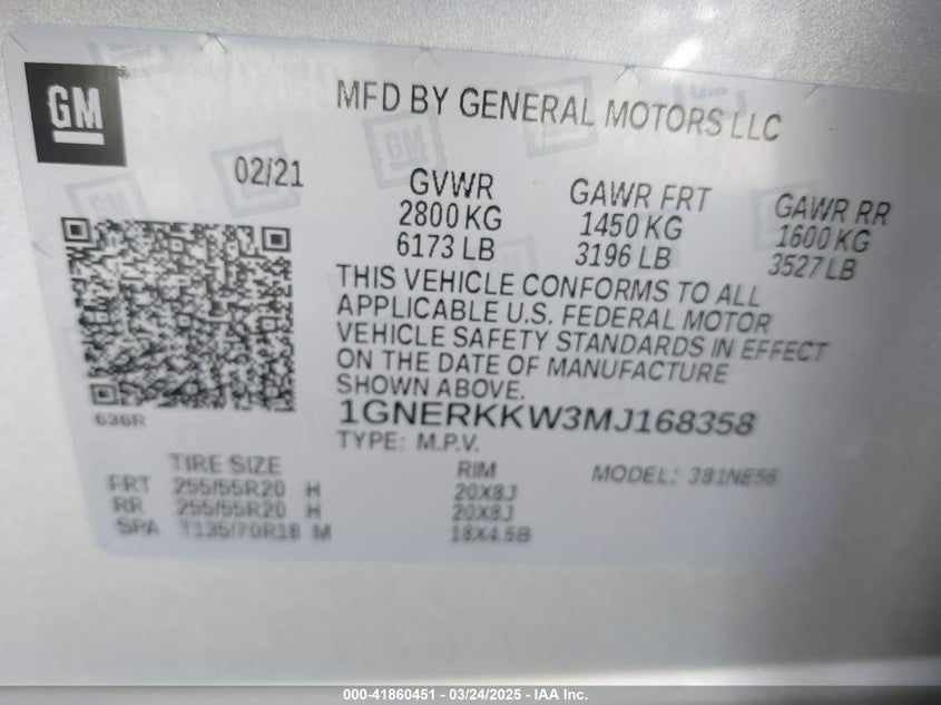 2021 CHEVROLET TRAVERSE VIN: 1GNERKKW3MJ168358