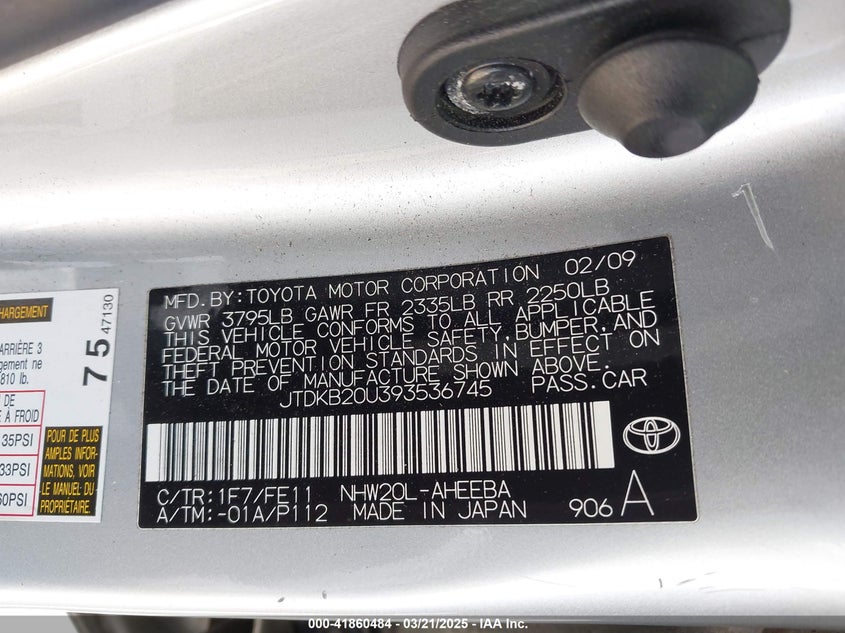 2009 TOYOTA PRIUS VIN: JTDKB20U393536745