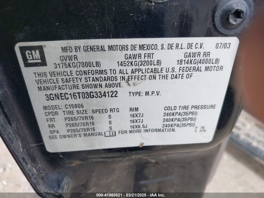 2003 Chevrolet Suburban 1500 Ls VIN: 3GNEC16T03G334122 Lot: 41860521