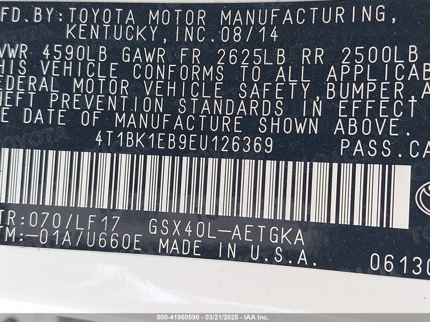 2014 TOYOTA AVALON VIN: 4T1BK1EB9EU126369