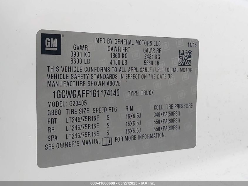 2016 Chevrolet Express 2500 Work Van VIN: 1GCWGAFF1G1174140 Lot: 41860608