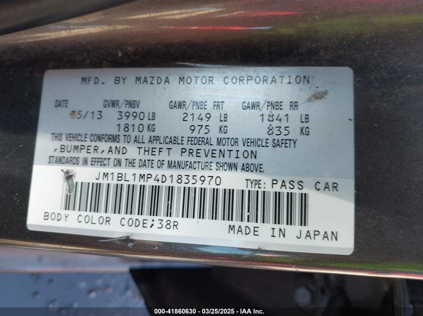 2013 MAZDA MAZDA3 VIN: JM1BL1MP4D1835970