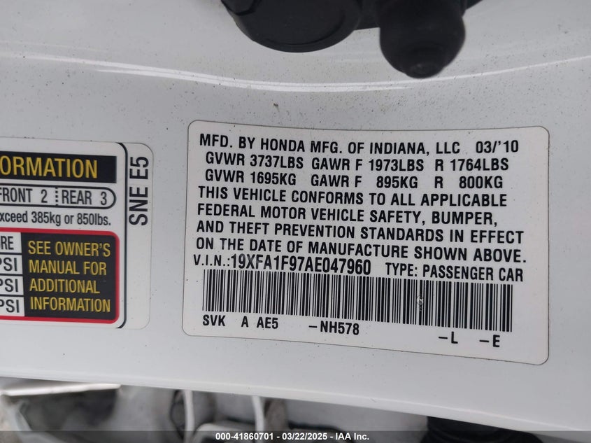 2010 HONDA CIVIC VIN: 19XFA1F97AE047960