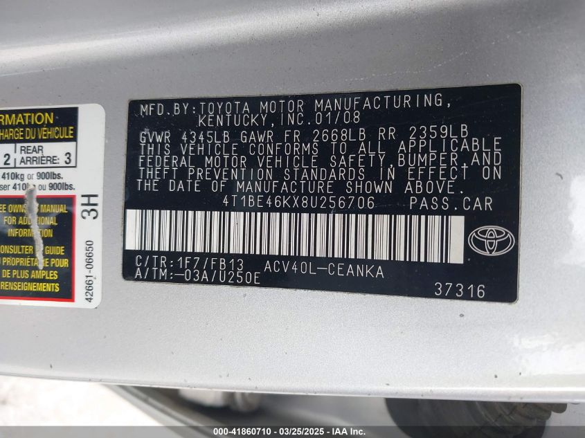 2008 Toyota Camry Le VIN: 4T1BE46KX8U256706 Lot: 41860710