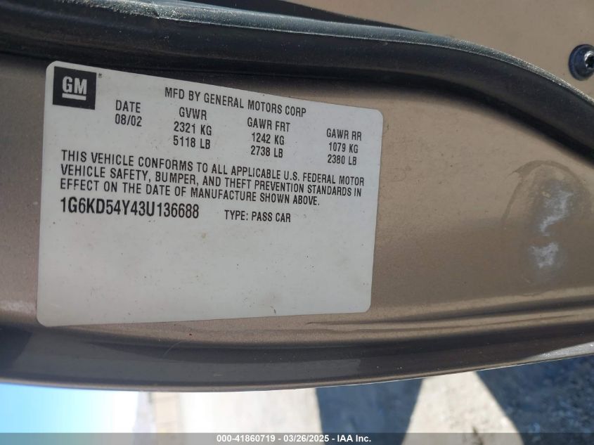 2003 Cadillac Deville Standard VIN: 1G6KD54Y43U136688 Lot: 41860719