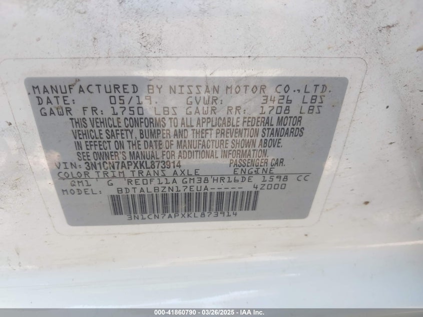 2019 Nissan Versa 1.6 Sv VIN: 3N1CN7APXKL873914 Lot: 41860790