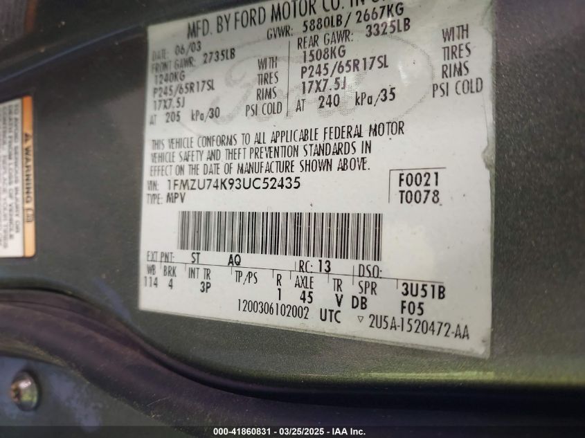 2003 Ford Explorer Eddie Bauer VIN: 1FMZU74K93UC52435 Lot: 41860831