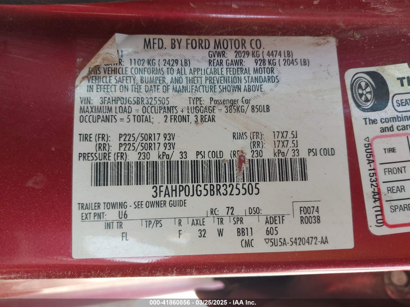 2011 FORD FUSION VIN: 3FAHP0JG5BR325505