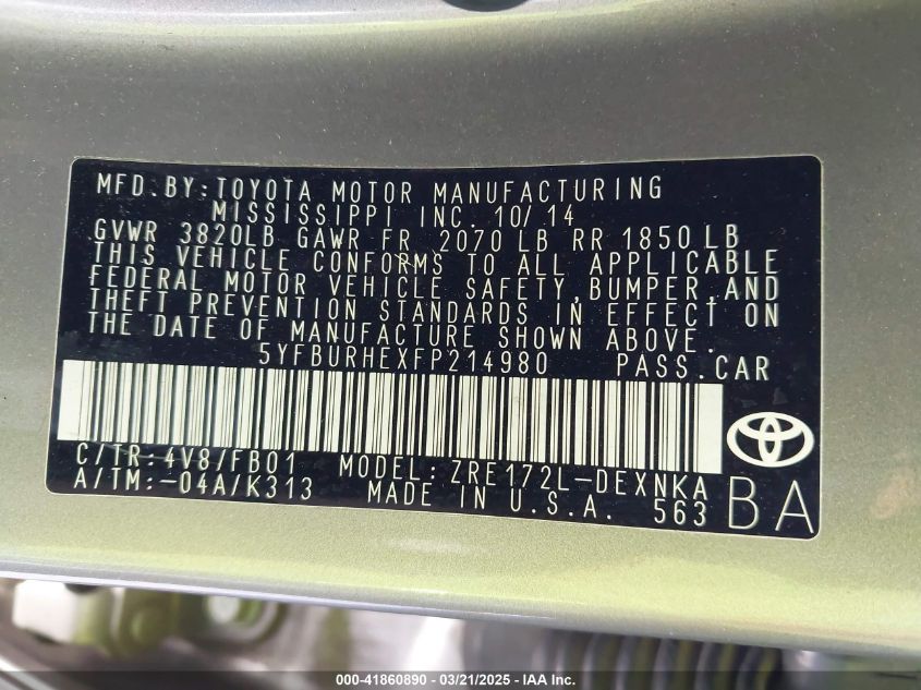 2015 Toyota Corolla Le Plus VIN: 5YFBURHEXFP214980 Lot: 41860890