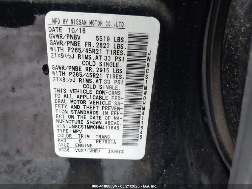 2017 INFINITI QX70 - JN8CS1MW0HM411645