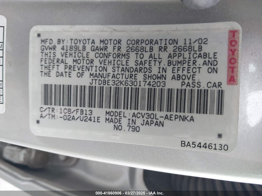 2003 Toyota Camry Le VIN: JTDBE32K630174203 Lot: 41860906