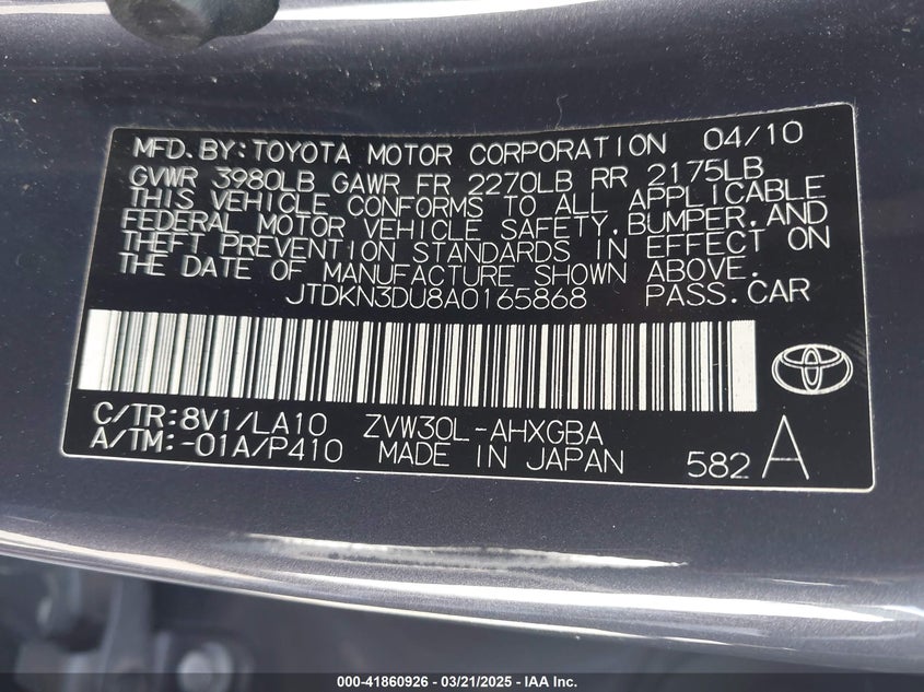 2010 TOYOTA PRIUS VIN: JTDKN3DU8A0165868