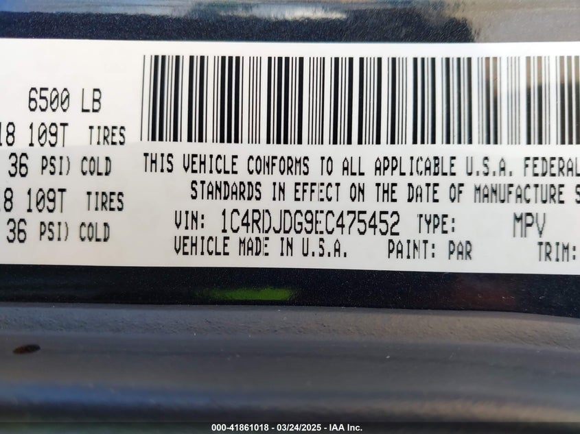 2014 DODGE DURANGO VIN: 1C4RDJDG9EC475452