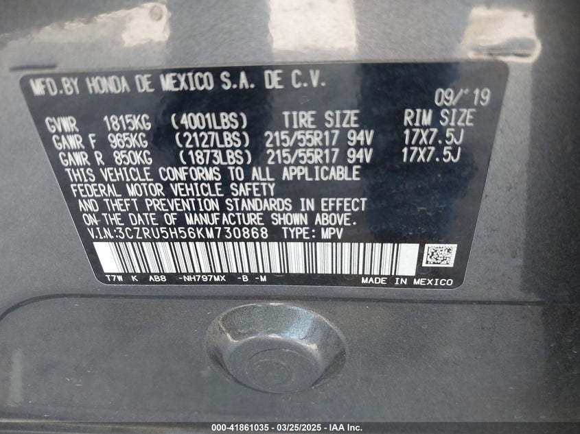 2019 HONDA HR-V VIN: 3CZRU5H56KM730868
