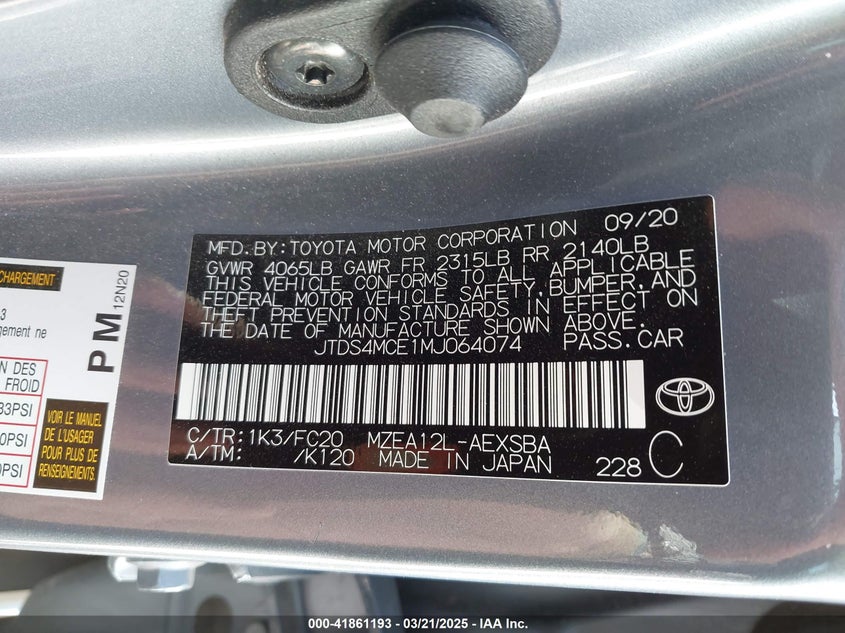 2021 TOYOTA COROLLA VIN: JTDS4MCE1MJ064074