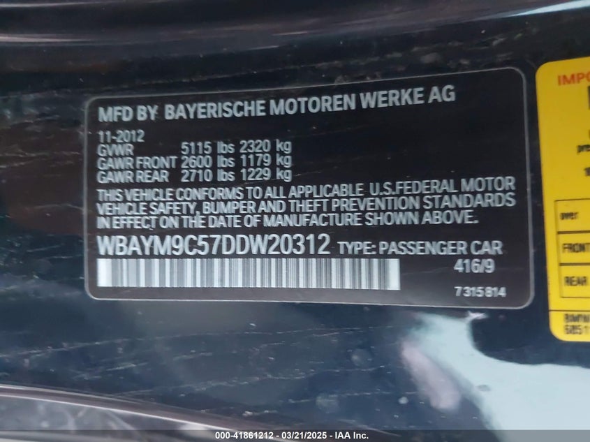 2013 BMW 650I WBAYM9C57DDW20312