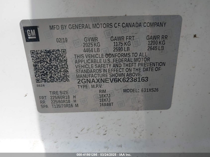 2019 CHEVROLET EQUINOX VIN: 2GNAXNEV6K6238163