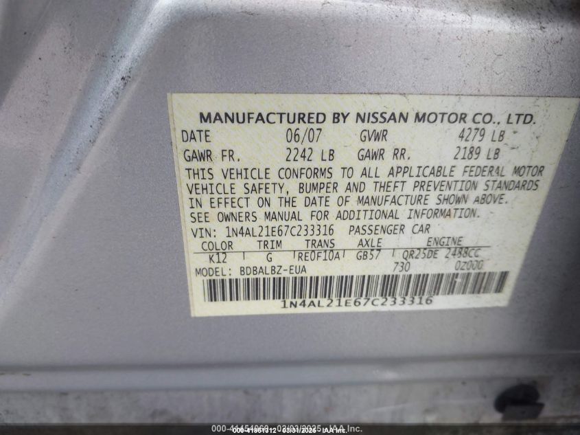 2007 Nissan Altima 2.5 S VIN: 1N4AL21E67C233316 Lot: 41861312