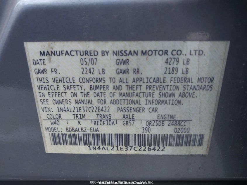 2007 Nissan Altima 2.5 S VIN: 1N4AL21E37C226422 Lot: 41861345