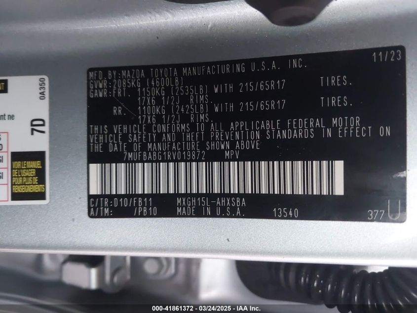 2024 Toyota Corolla Cross Hybrid Se VIN: 7MUFBABG1RV019872 Lot: 41861372