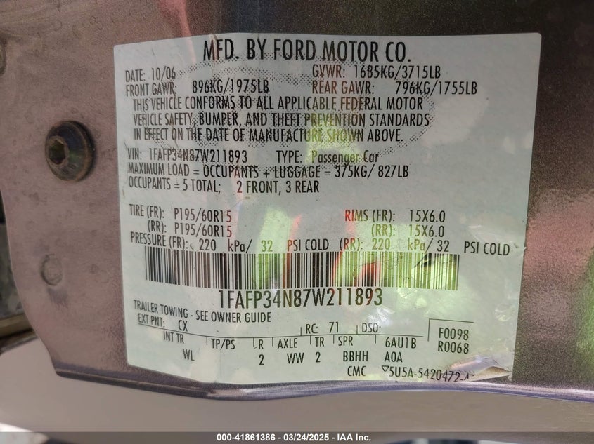 2007 FORD FOCUS VIN: 1FAFP34N87W211893