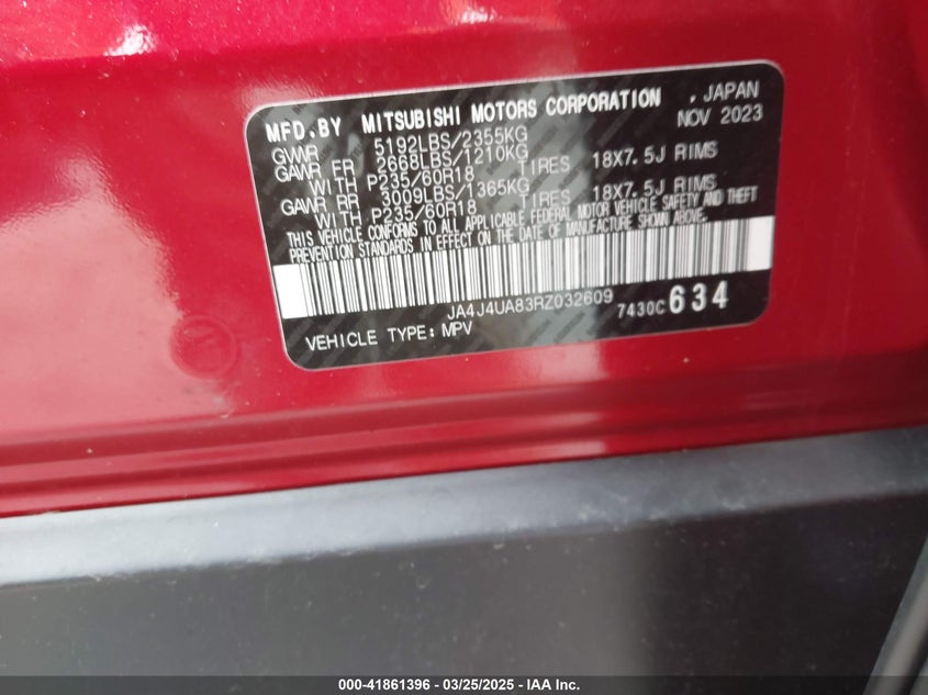 2024 MITSUBISHI OUTLANDER VIN: JA4J4UA83RZ032609