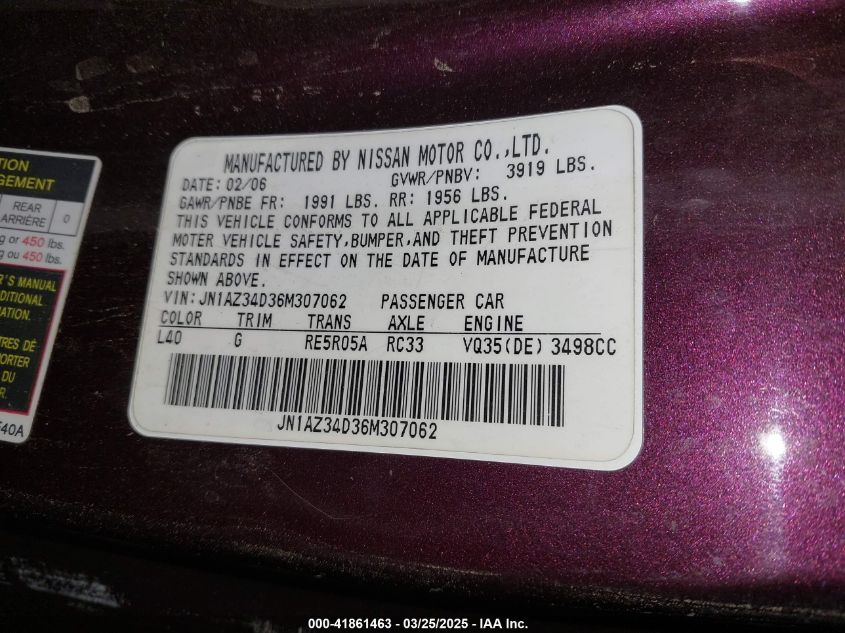 2006 Nissan 350Z Enthusiast VIN: JN1AZ34D36M307062 Lot: 41861463
