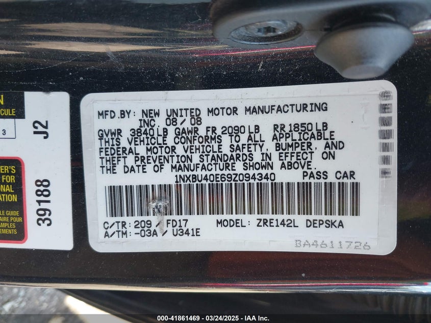 2009 TOYOTA COROLLA VIN: 1NXBU40E69Z094340
