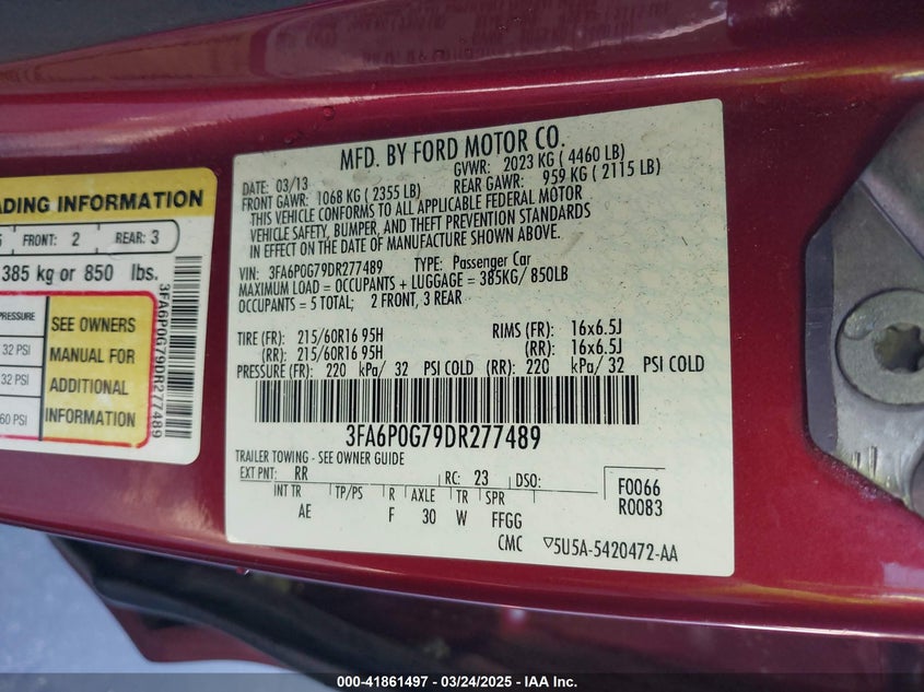 2013 FORD FUSION VIN: 3FA6P0G79DR277489