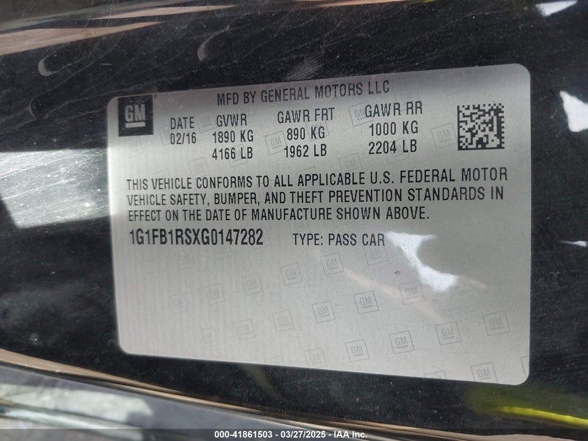 2016 CHEVROLET CAMARO VIN: 1G1FB1RSXG0147282