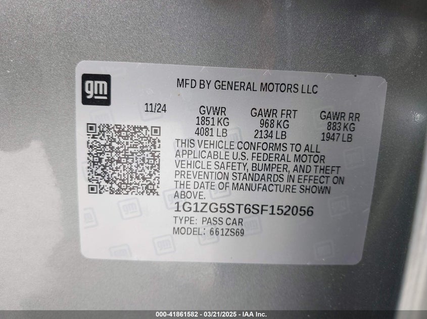 2025 CHEVROLET MALIBU VIN: 1G1ZG5ST6SF152056