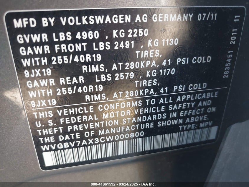 2012 VOLKSWAGEN TIGUAN VIN: WVGBV7AX3CW000800