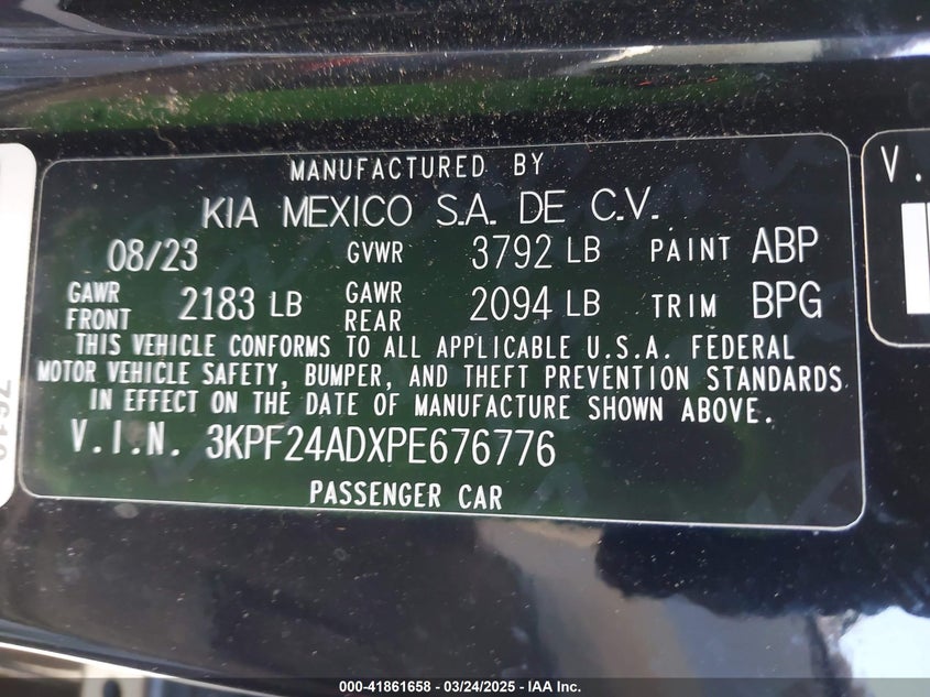 2023 KIA FORTE VIN: 3KPF24ADXPE676776