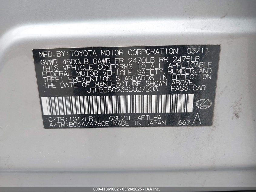 2011 LEXUS IS 350 VIN: JTHBE5C23B5027203