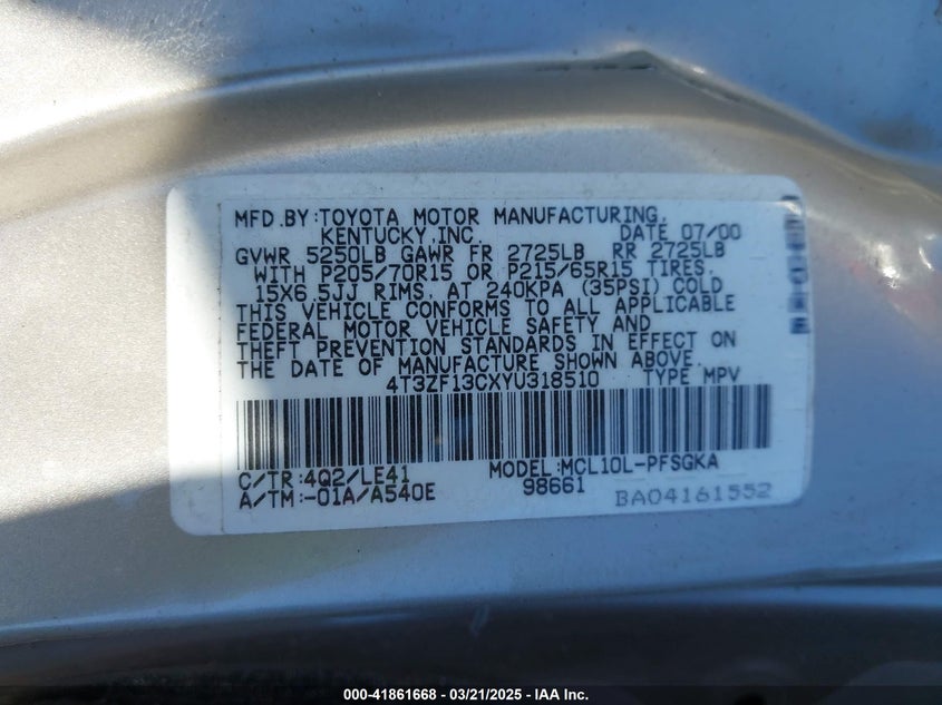 2000 Toyota Sienna Xle VIN: 4T3ZF13CXYU318510 Lot: 41861668