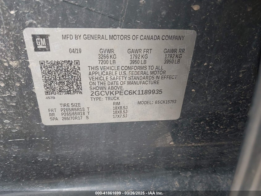 2019 CHEVROLET SILVERADO LD VIN: 2GCVKPEC6K1189935
