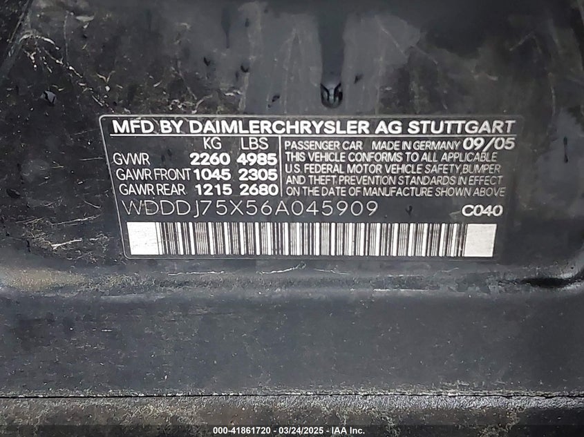 2006 Mercedes-Benz Cls 500C VIN: WDDDJ75X56AO45909 Lot: 41861720