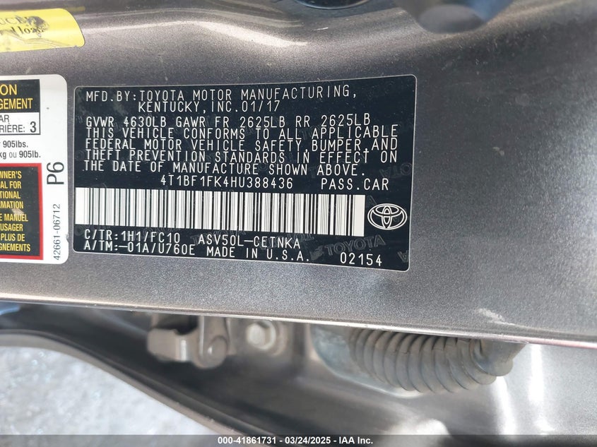 2017 TOYOTA CAMRY VIN: 4T1BF1FK4HU388436