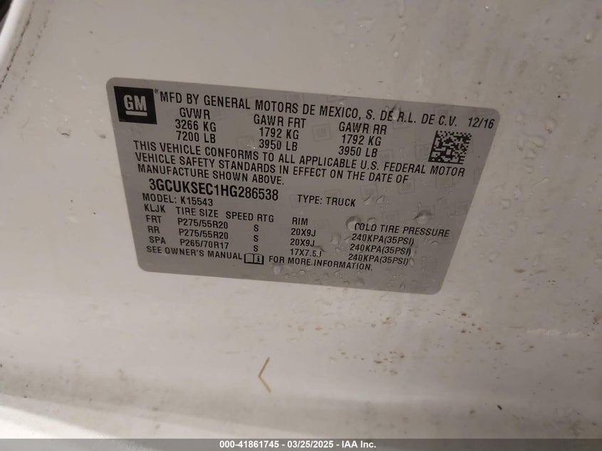2017 CHEVROLET SILVERADO 1500 VIN: 3GCUKSEC1HG286538