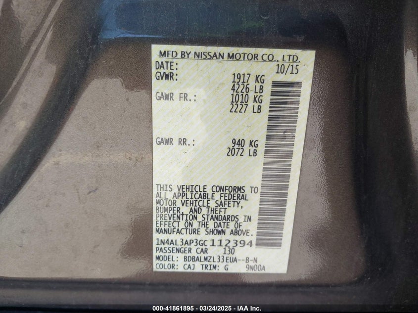 2016 NISSAN ALTIMA VIN: 1N4AL3AP3GC112394