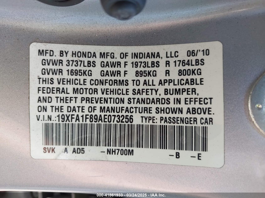 2010 HONDA CIVIC VIN: 19XFA1F89AE073256
