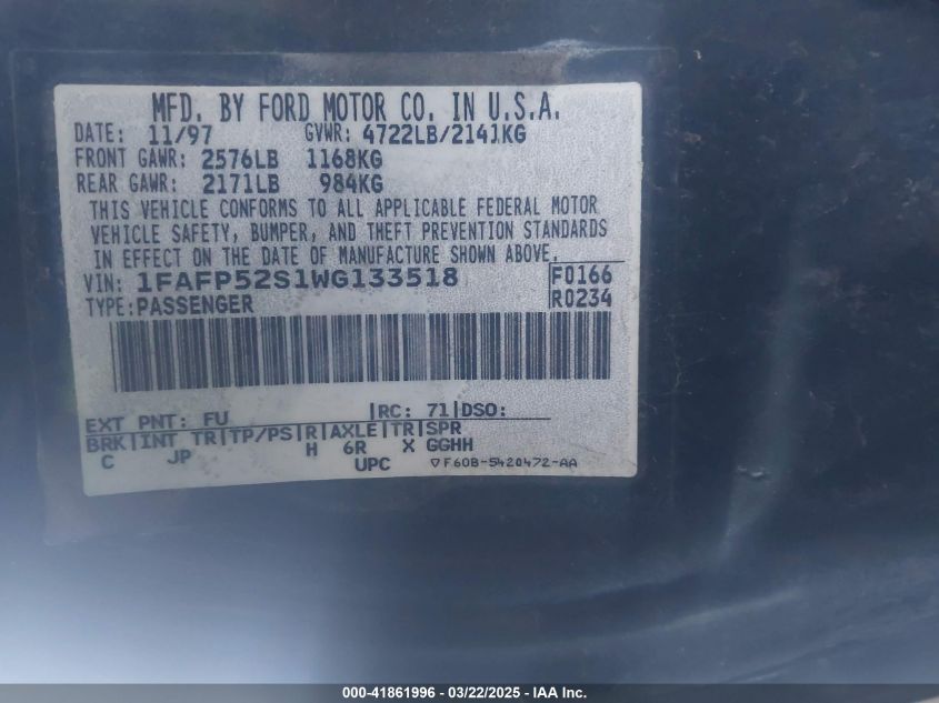 1998 Ford Taurus Lx/Se VIN: 1FAFP52S1WG133518 Lot: 41861996