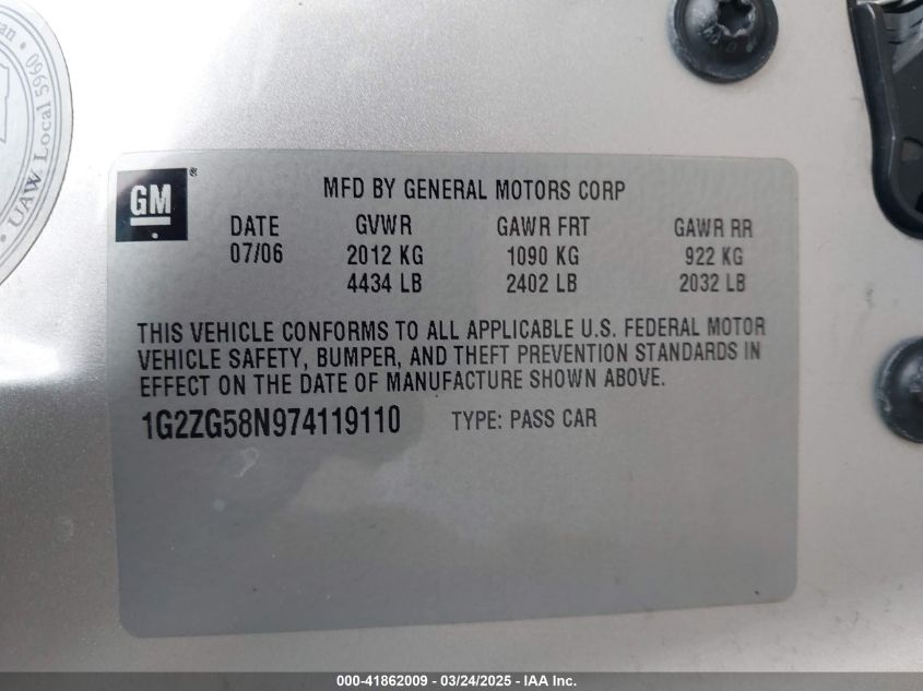 2007 Pontiac G6 VIN: 1G2ZG58N974119110 Lot: 41862009