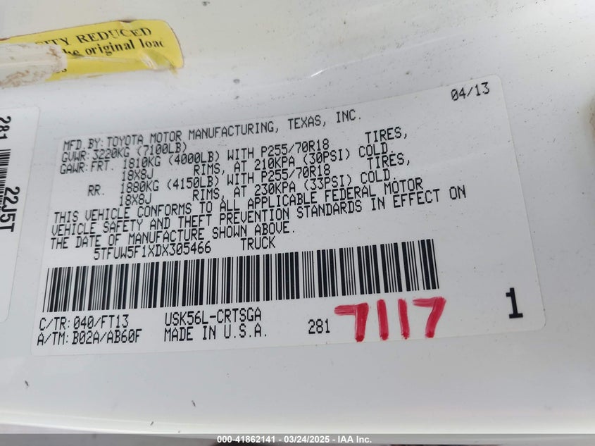 2013 TOYOTA TUNDRA VIN: 5TFUW5F1XDX305466