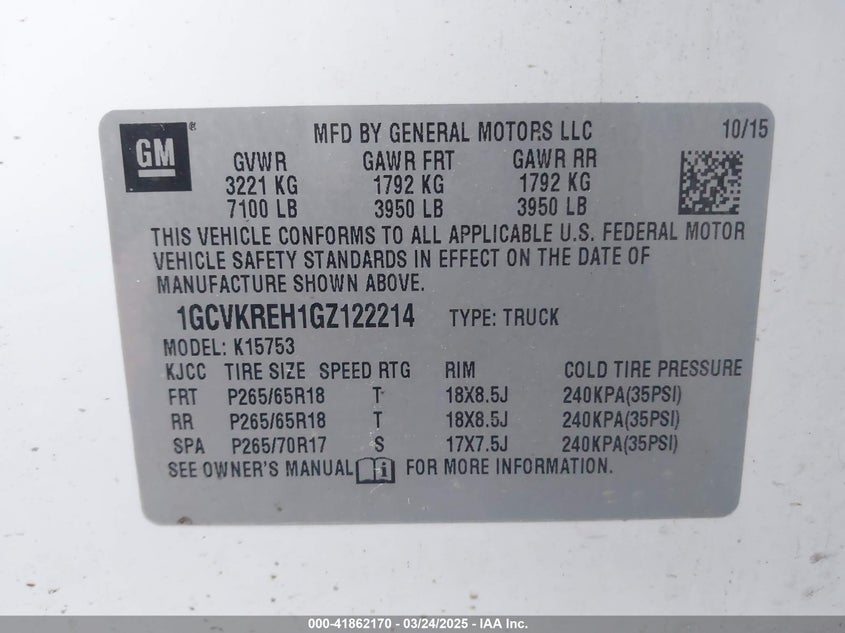 2016 CHEVROLET SILVERADO VIN: 1GCVKREH1GZ122214