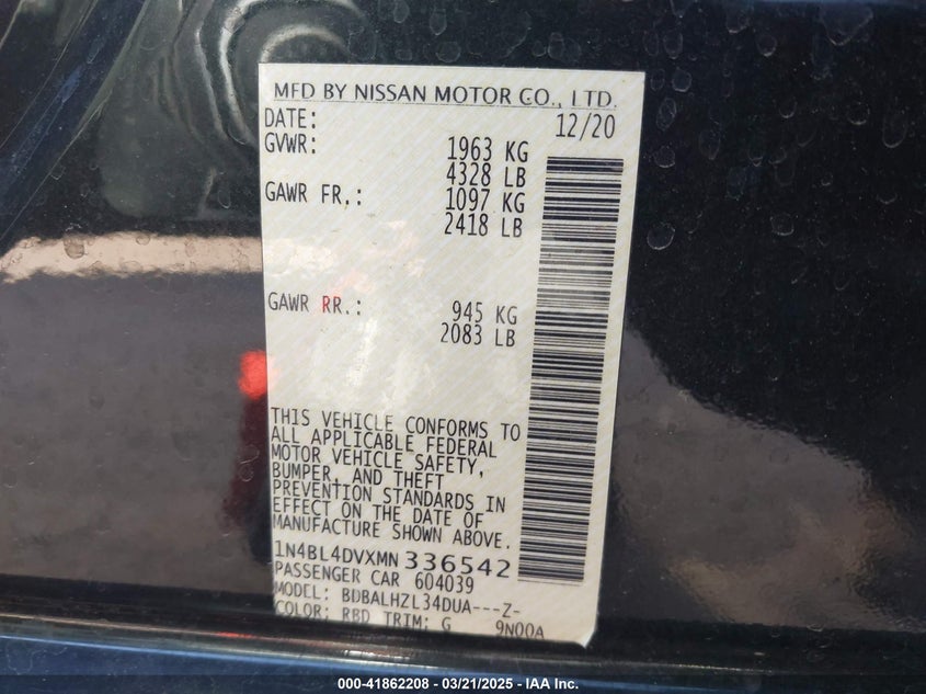 2021 NISSAN ALTIMA VIN: 1N4BL4DVXMN336542