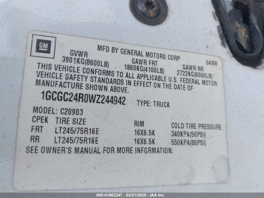 1998 Chevrolet C2500 Fleetside VIN: 1GCGC24R0WZ244942 Lot: 41862247