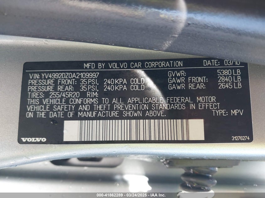 2010 VOLVO XC60 VIN: YV4992DZ0A2109997